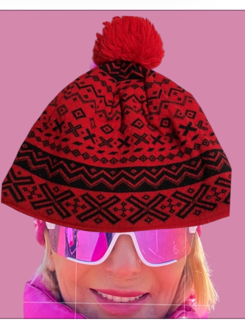 Neve Red and Black Patterned  Wool Ski Hat Beanie